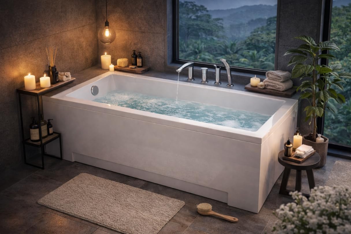 Acryl Badewanne 120x70 cm – Badewanne Rechteck mit Rahmen ohne Frontplatte & Seitenwand – Rutschfest & Antibakteriell – Einbauwanne Weiß