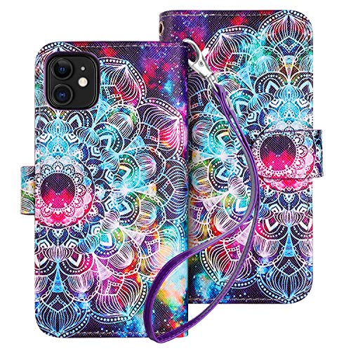 HianDier Compatible with iPhone 11 Case 6.1 Inches (2019) with Card Holder 9 Slots Detachable PU Leather Flip Cover Shockproof Magnetic Clasp Lanyard Dual Layer Wallet Cases, Mandala