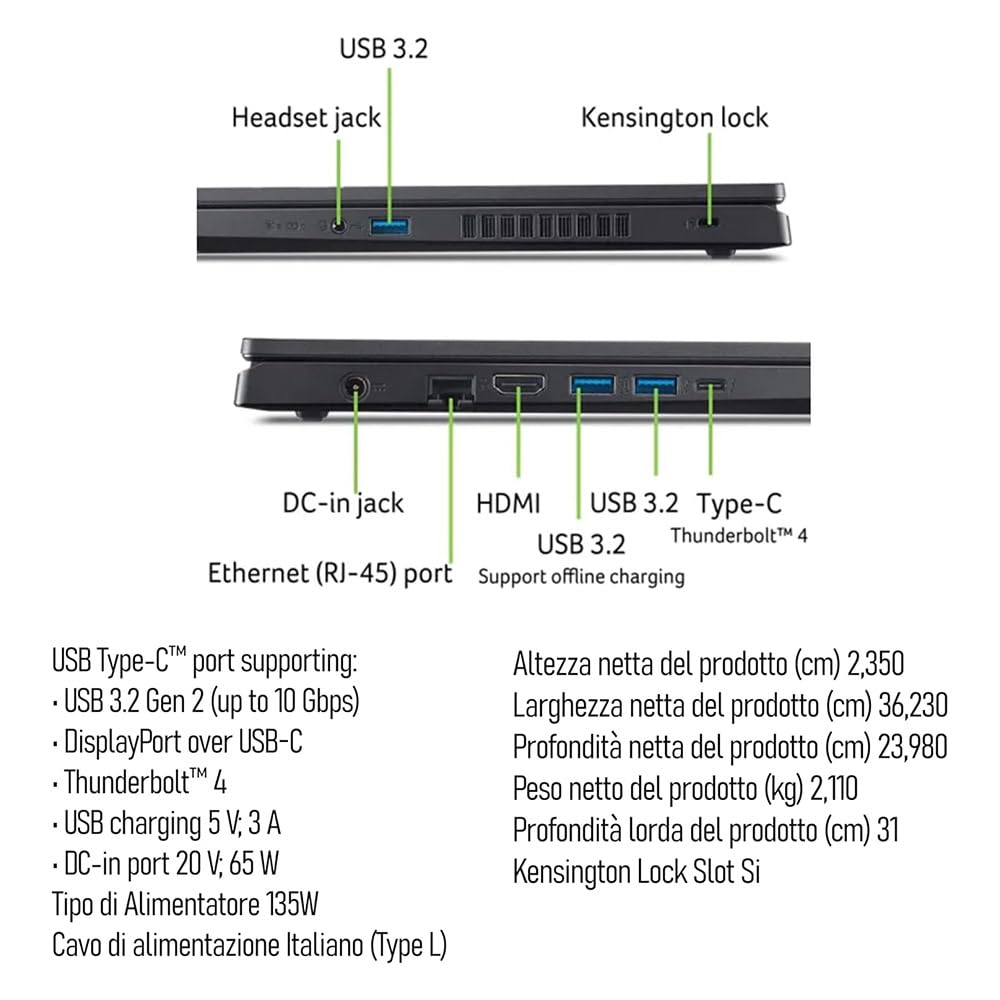Acer Notebook Gaming Nitro, Intel Core i9-13900H, fino a 5,4GHz, NVIDIA GeForce RTX 5060 8Gb GDDR7, RAM 32Gb, SSD 1Tb, 15.6" FHD IPS 180Hz, Wi-Fi 6e, Thunderbolt 4.0, ready to use