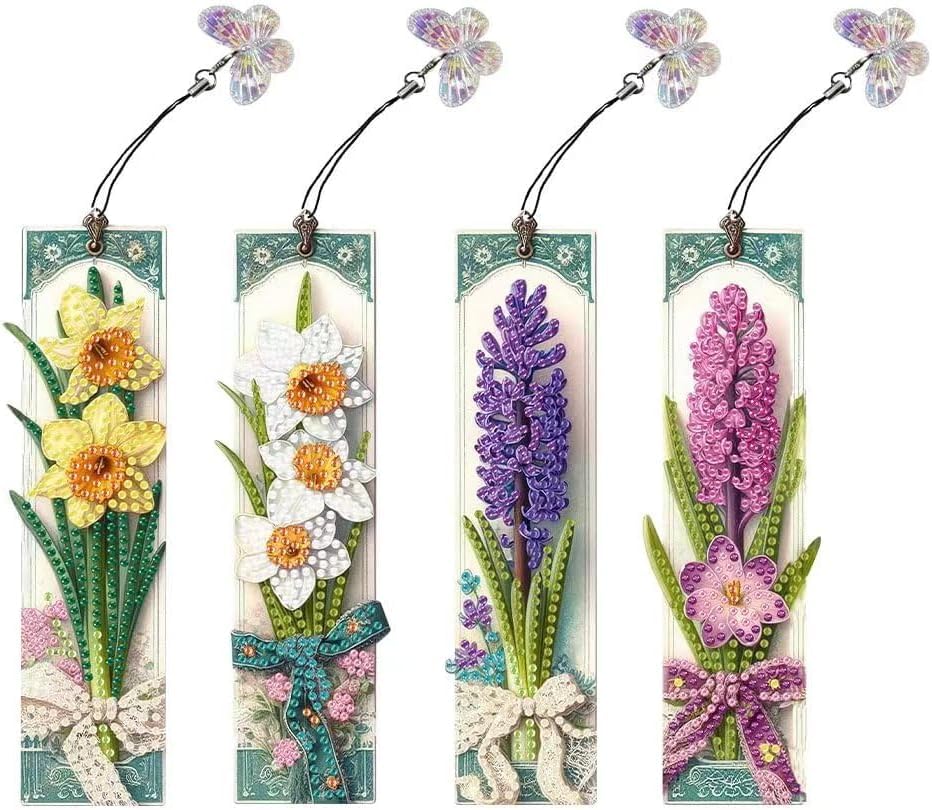 4PCS Flower Diamond Art Bookmarks,Diamond Painting Bookmark Kits for Adult,DIY Gem Art Crafts with Rhinestone Tassel for Graduation Reader Book Lover