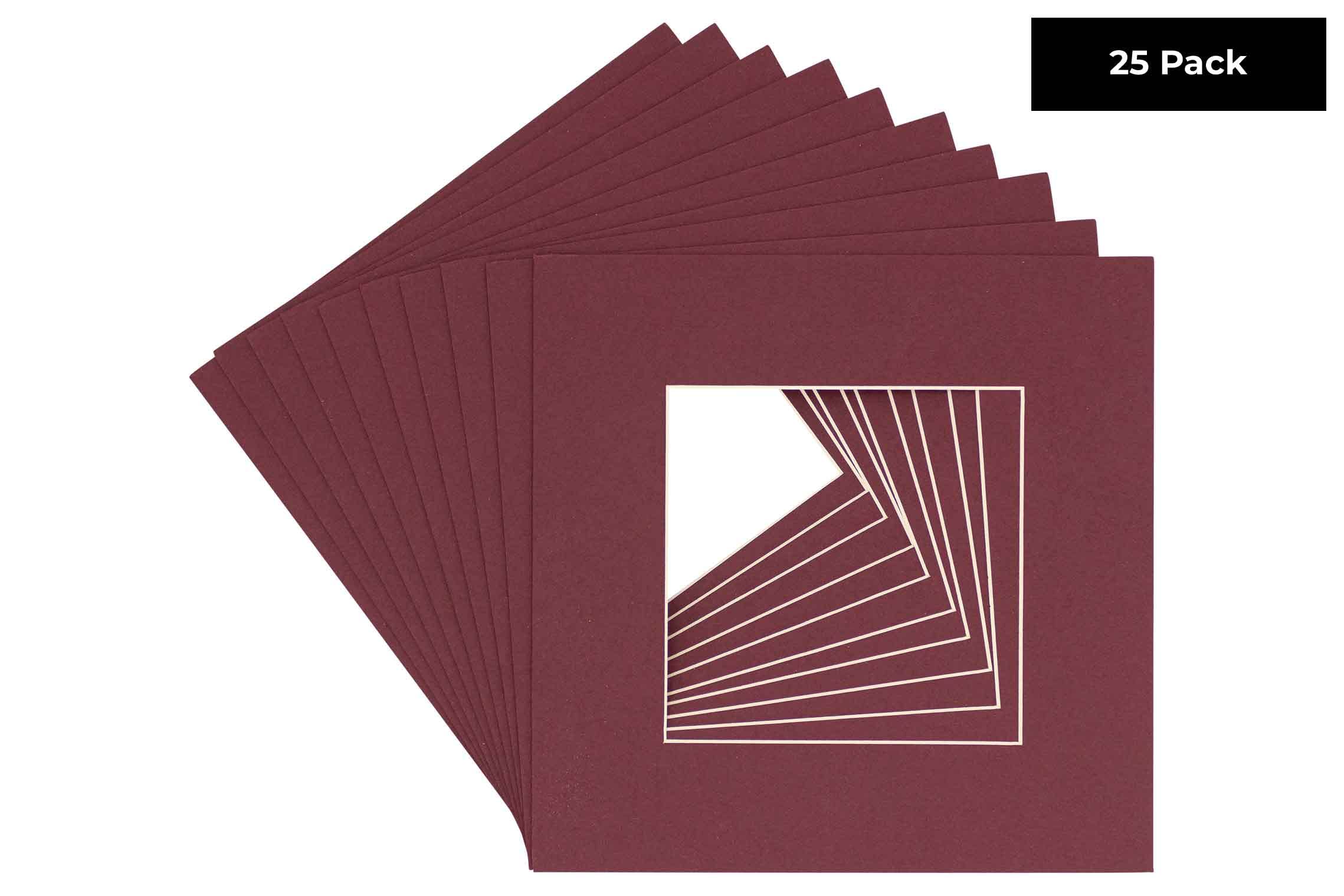 CountryArtHouse Maroon Acid Free 8x8 Square Picture Frame Mat with White Core Bevel Cut for 4x4 Pictures - Fits 8x8 Frame - Pack of 25 Matboards