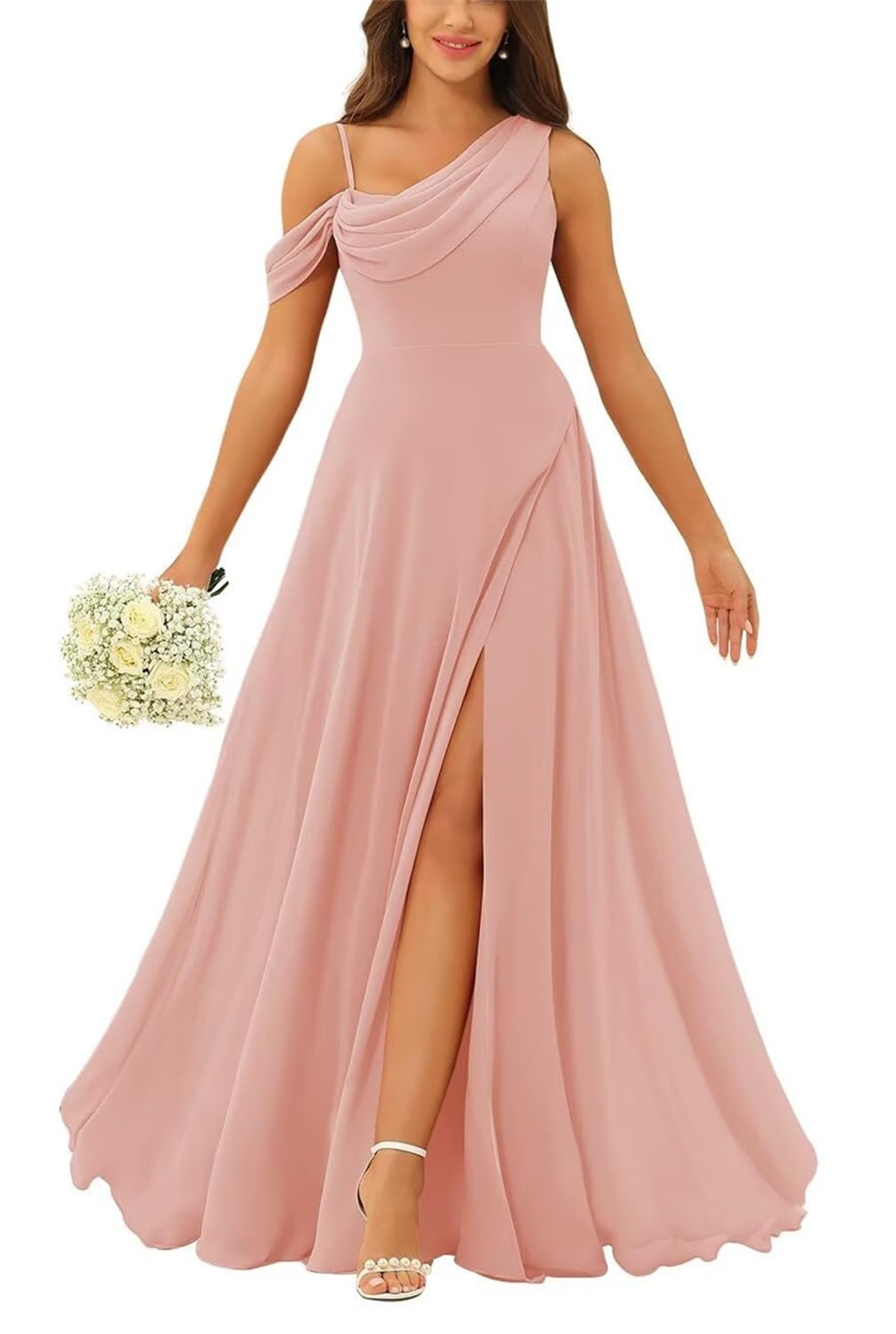 HPPEE One Shoulder Blush Pink Bridesmaid Dresses for Women with Slit Sleeveless Chiffon Maid of Honor Formal Gown UK14