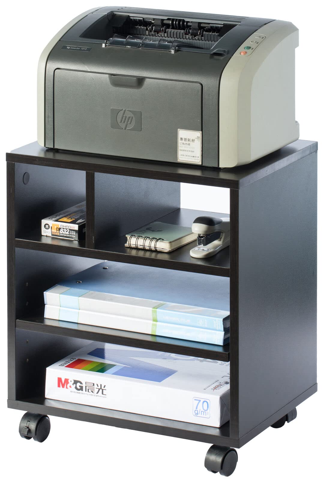 Black Portable Wooden Rolling Side End Corner Printer Table Desk For Home Office Study under Desk Storage, Desk Side Mobile Filling Cabinet 3 Open 2 Closed Storage for Home Office