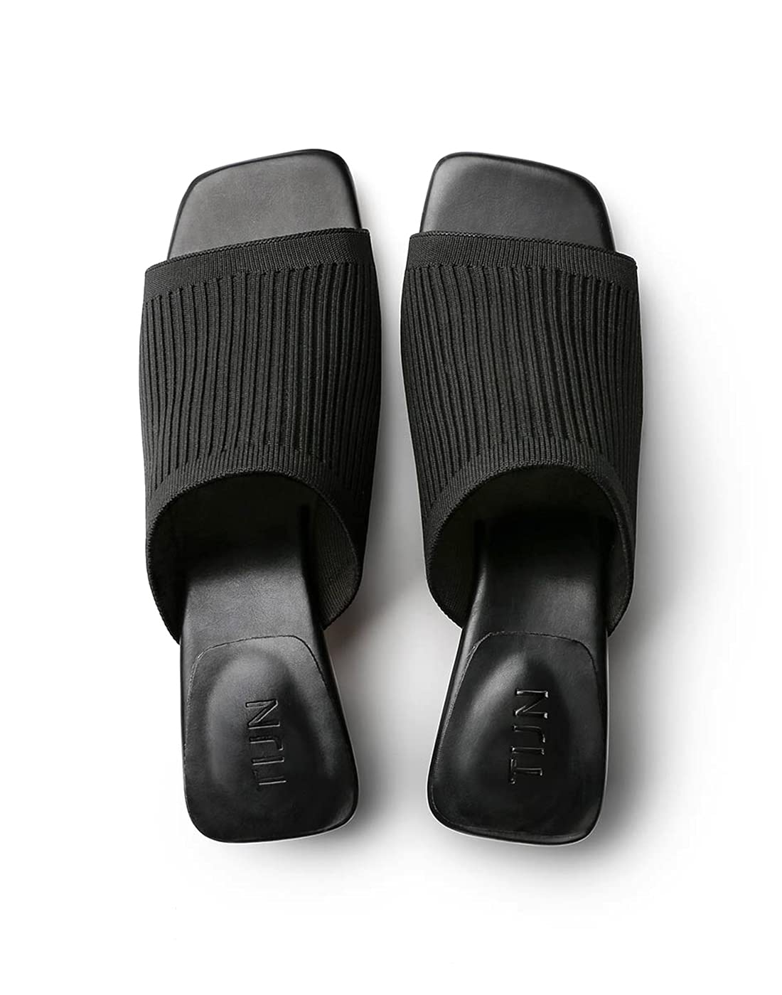 TIJNOpen Toe Heeled Mules for Women, Square Flat, Triangle Low Block Heels, Breathable Recycled Knit Fabric, 100% Vegan, No Squeezing, Slip-On Design(Katrin)