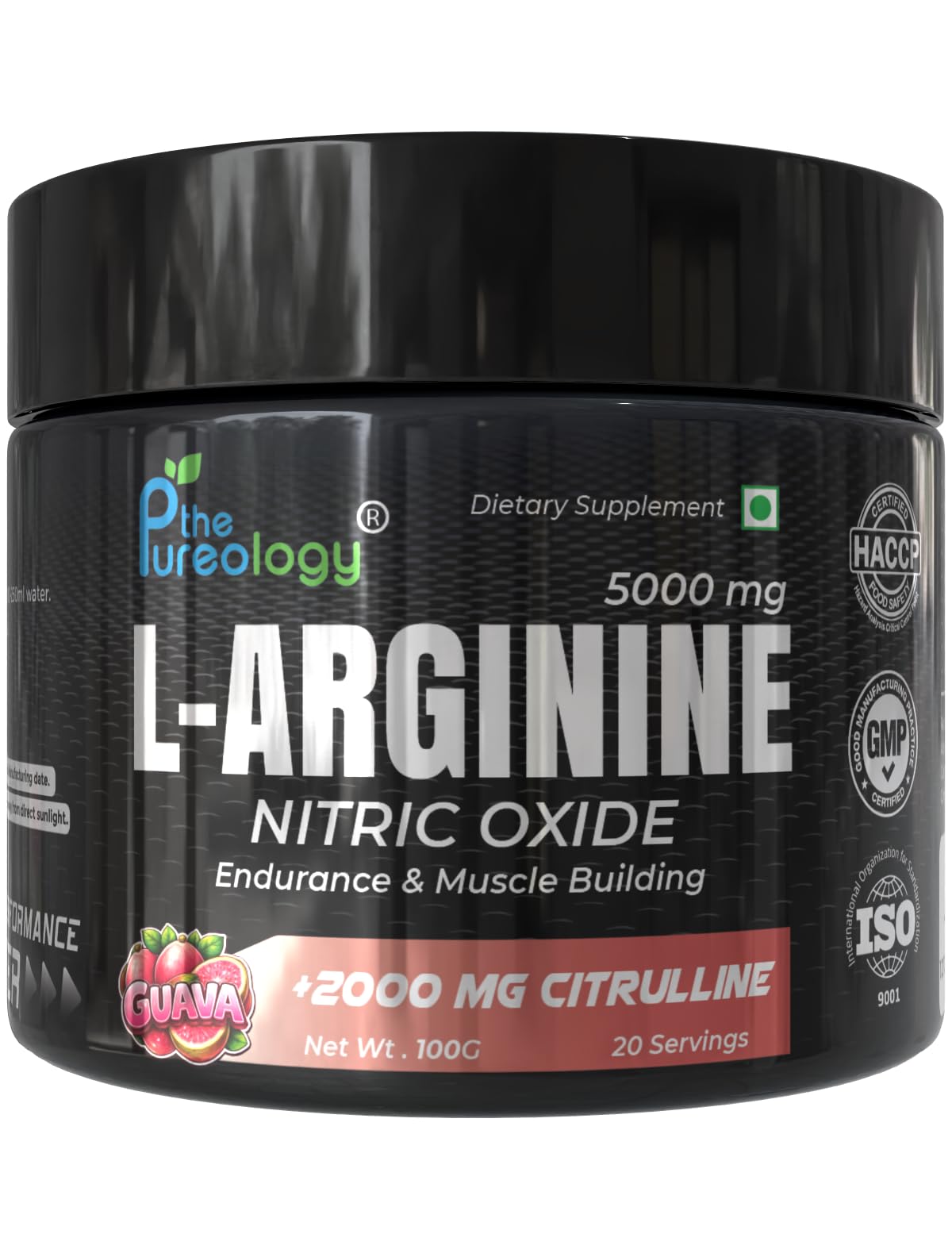 [BRSRYYDRCAAWGADV] L-Arginine Nitric Oxide Powder, 5000mg with 2000mg Citrulline, Pink Guava Flavour, 100g, 20 Servings
