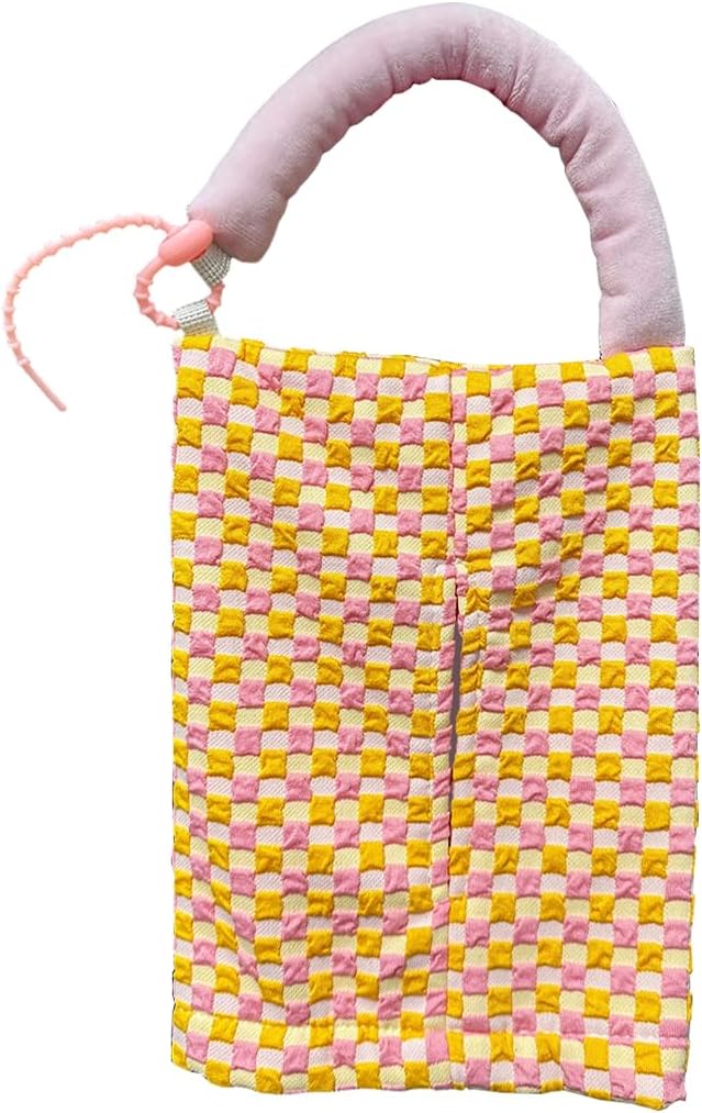 Car Tissue Holder, Checkered Pattern Car Backseat Napkin Holder, Rectangular Canvas Hanging Auto Tissues Box, Vehicle Storage Organizer Accessory for Cars, Home, Office (Pink)