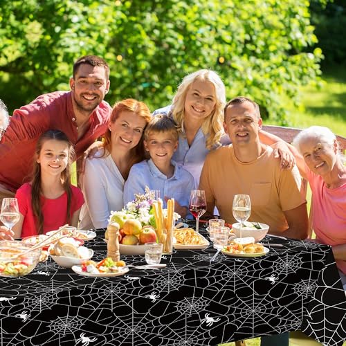 Image of 3-Piece 54 x 108 Inch Halloween Spider Web Plastic Tablecloth - Black and White Cobweb with Spiders Patterns, Disposable Rectangle Table Cover for Birthday Dining Table Cover Indoor Outdoor Decoration