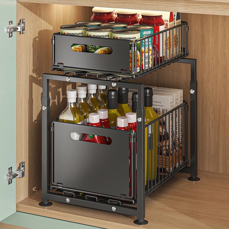 Organizer per Armadio da Cucina con Altezza Regolabile, 2 Livelli, Organizer da Cucina Estensibile, Scaffale da Cucina, Piano di Lavoro in Metallo Sotto-Lavello per Bagno, Cucina (1, Doppio