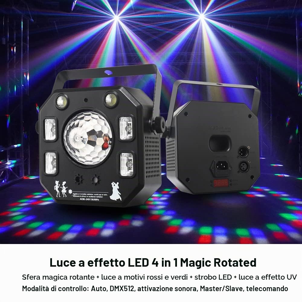 Luci Discoteca DJ Luci, WorldLite Led Luce da Palcoscenico 4-IN-1 con Palla Caleidoscopio Magica, Modelli a LED Luce Stroboscopica e Luce UV, Ideale per l'illuminazione di Palcoscenici e DJ Luci Feste