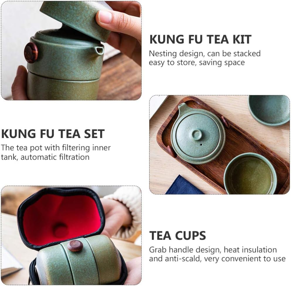 Sets Travel Tea Set Teapot with Ceramic Infuser and 2 Ceramic Cups Portable Personal pot with Carrying Case for Home Trip Office Supplies Green Mug