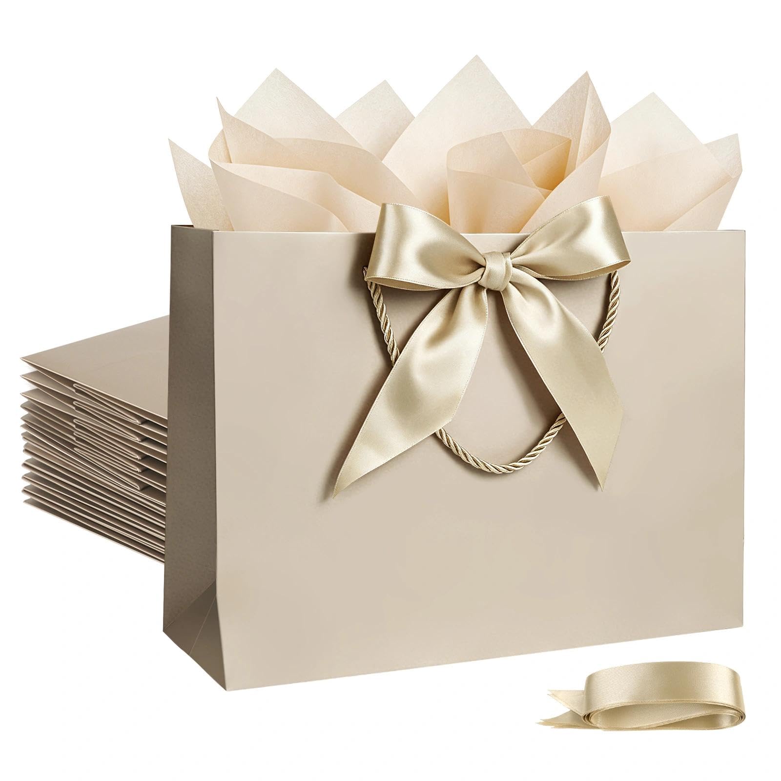 10 Large Champagne Gold Gift Bags with Tissue Paper & Satin Ribbon, Premium Matte Paper Present Bags with Rope Handles, Reusable Gift Wrapping Bag for Birthdays, Weddings, Christmas, 32 x 11 x 25 cm