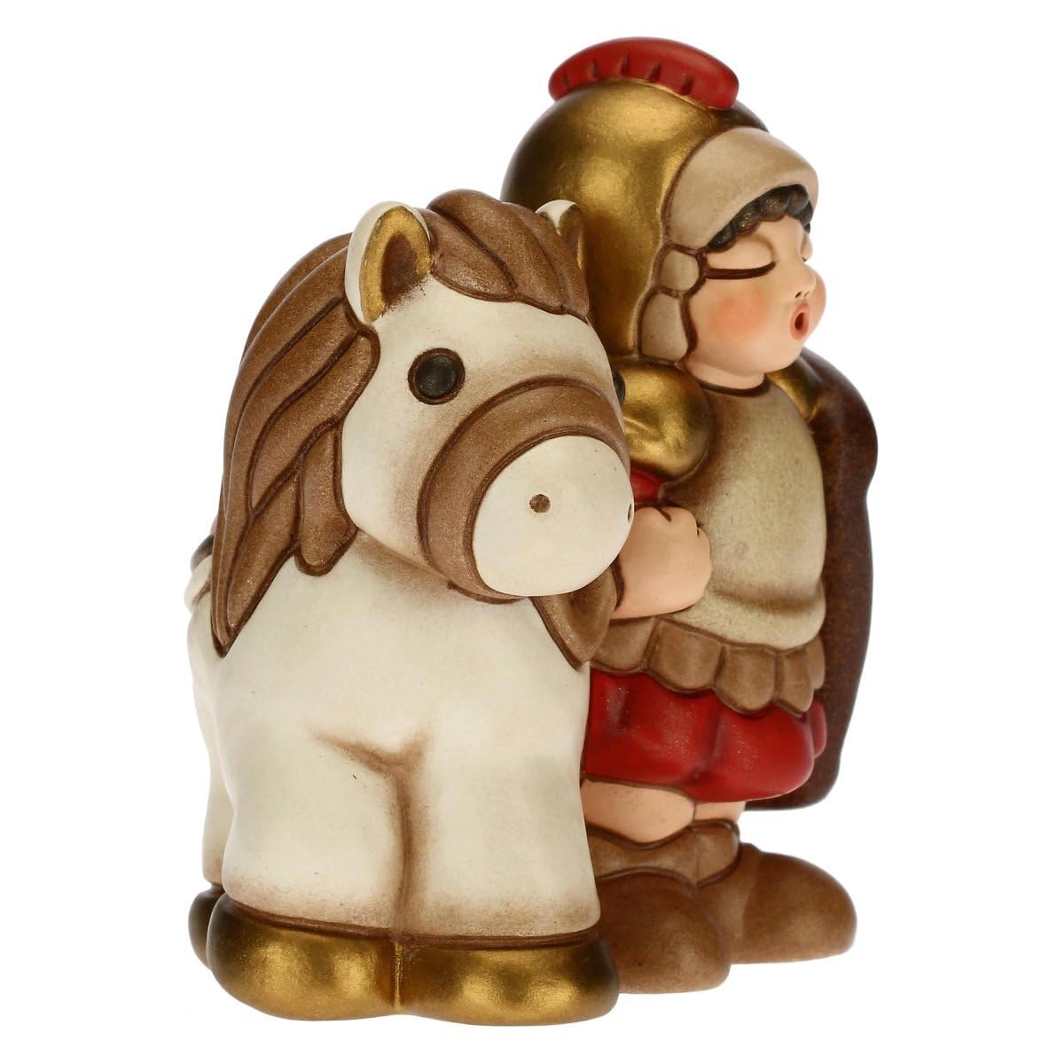 THUN - Statuina Presepe Soldato con Cavallo - Decorazioni Natale Casa - Linea Presepe Classico, Variante Rossa - Ceramica - 7,5 x 5,5 x 8,5 h cm