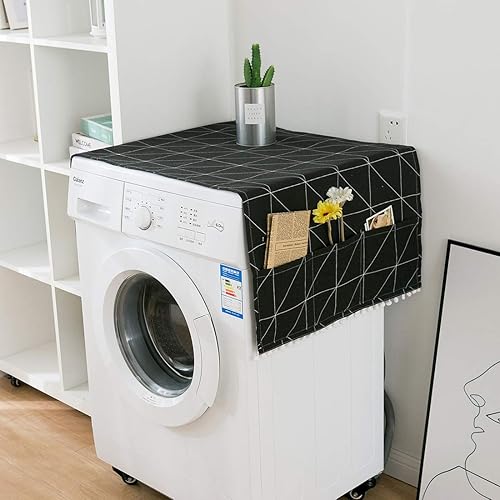 Miniatura 2 de Vctops Funda de algodón y lino para nevera, a prueba de polvo, con pompones y fundas multiusos para secadora para lavadora, con 6 bolsillos