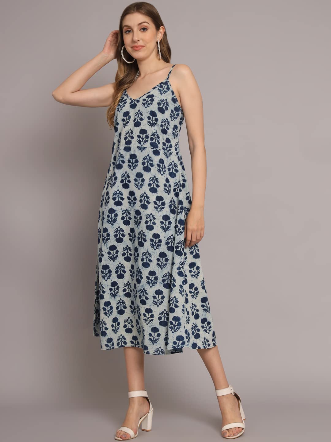 Peppyzone Women's Handblock Printed Sleeveless Shoulder Strip Cami Dress (S, Indigo)