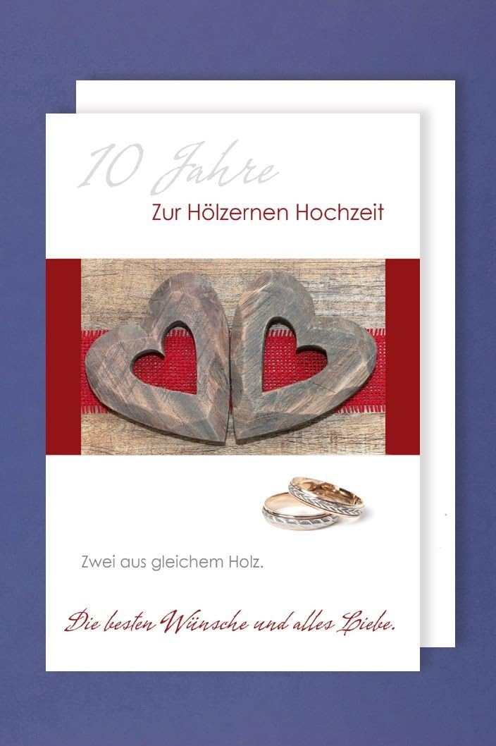 Holzerne Hochzeit Grusskarte Hochzeitstag 10 Jahre Zwei Holzerne Herzen Ringe 16x11cm Plus 3 Sticker Amazon De Burobedarf Schreibwaren