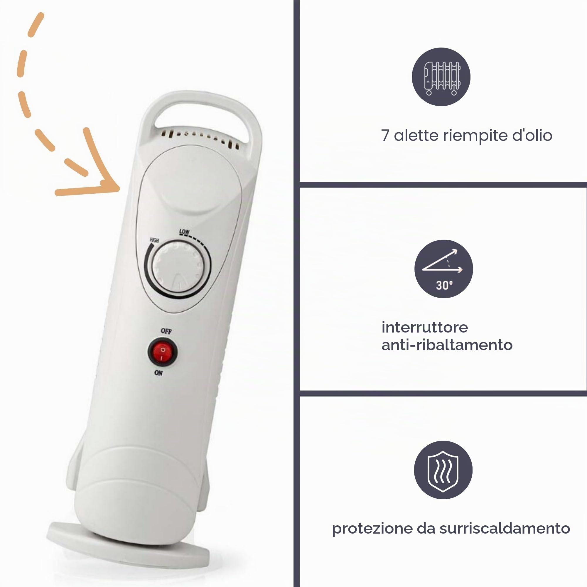 Perel Radiatore a olio 700W con 7 alette, termostato regolabile, maniglia, ruote, protezione contro il surriscaldamento e il ribaltamento – stufa portatile silenziosa ed efficiente per stanze fino a