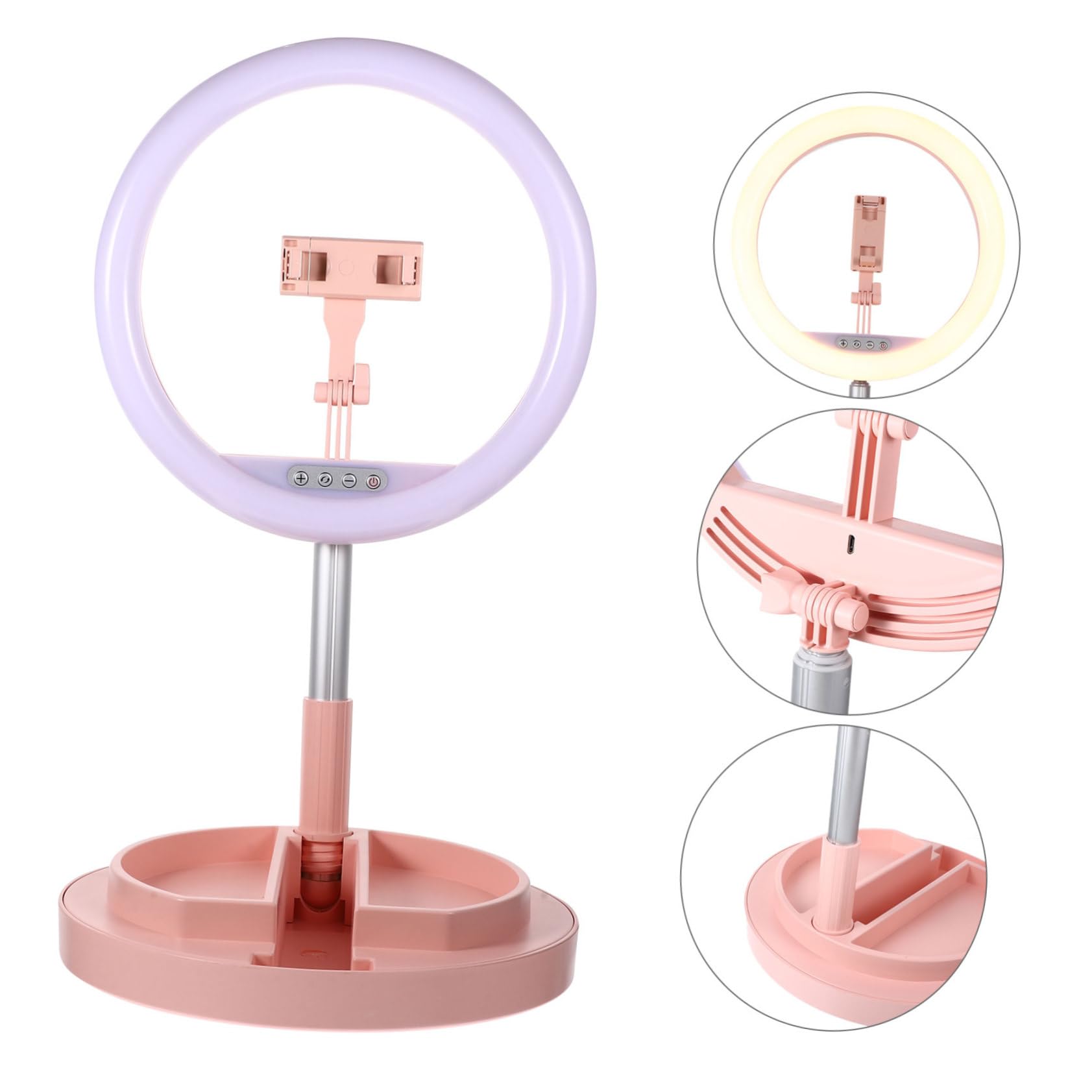 Lurrose Anillo de Luz LED Portátil Rosa Soporte Plegable para Teléfono Móvil, Luz Suave Ajustable 3300-6000k Adecuado para Fotos y Transmisiones en Directo