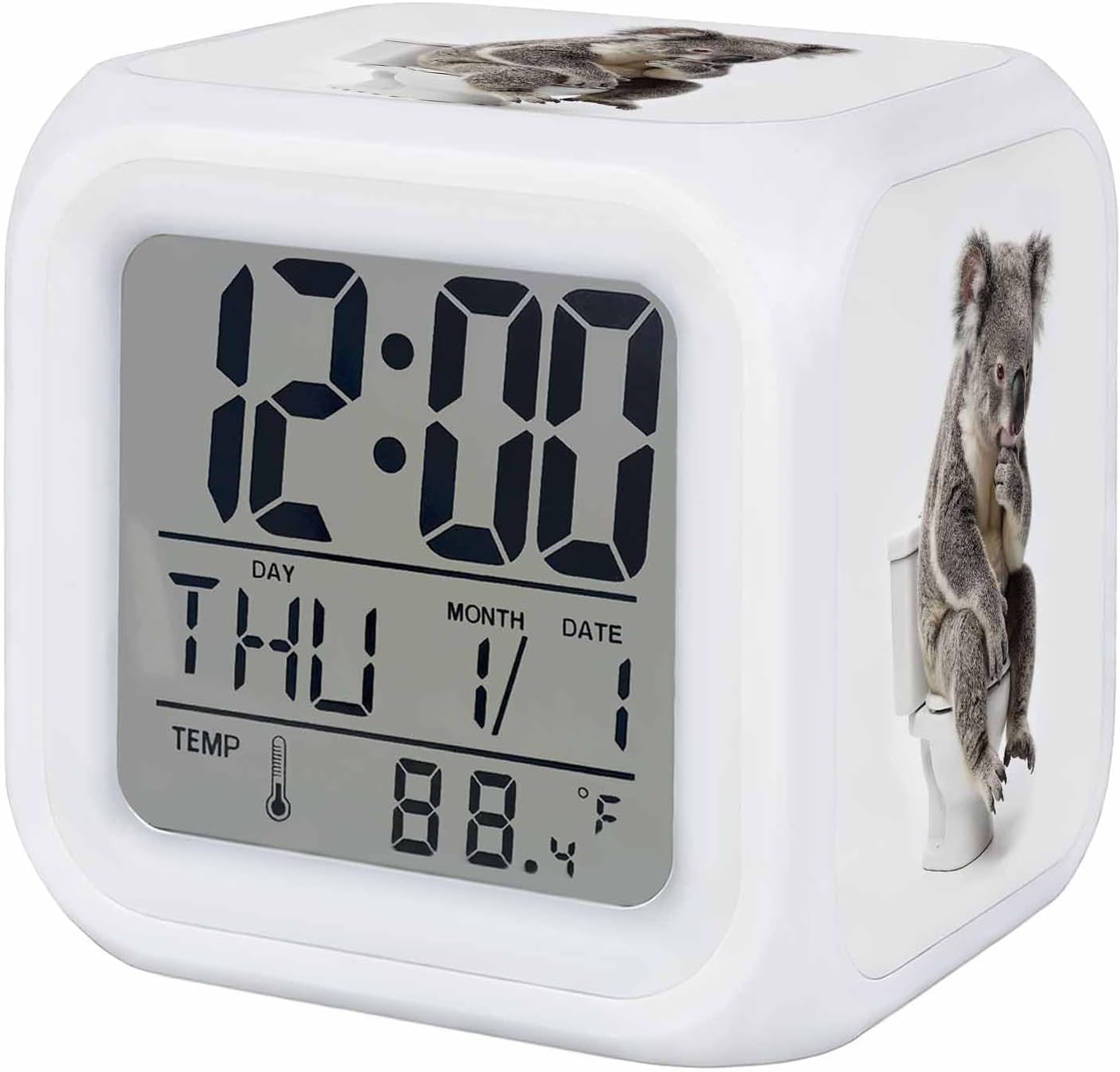 Cola Sitting on The Toilet Thinking Alarm Clock, Abstract Funny Animal Digital Clock Night Light with 7 Color, Calendar Temperature Display, NightLight Clock for Bedroom, 3.2x3.2in