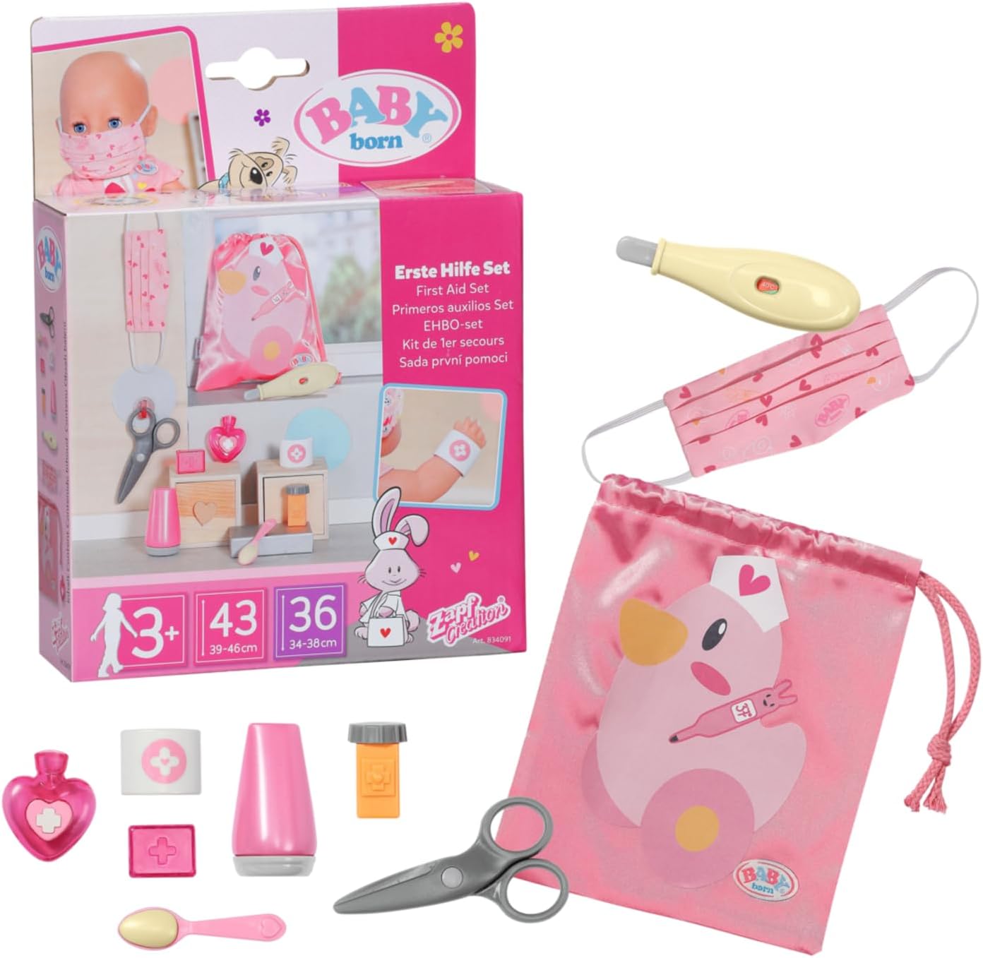 – First Aid Kit 834091 - Accessories for Baby born Dolls - Includes 9 Medical Doll Accessories and Drawstring Pouch - Suitable for Kids from 3+, Pink