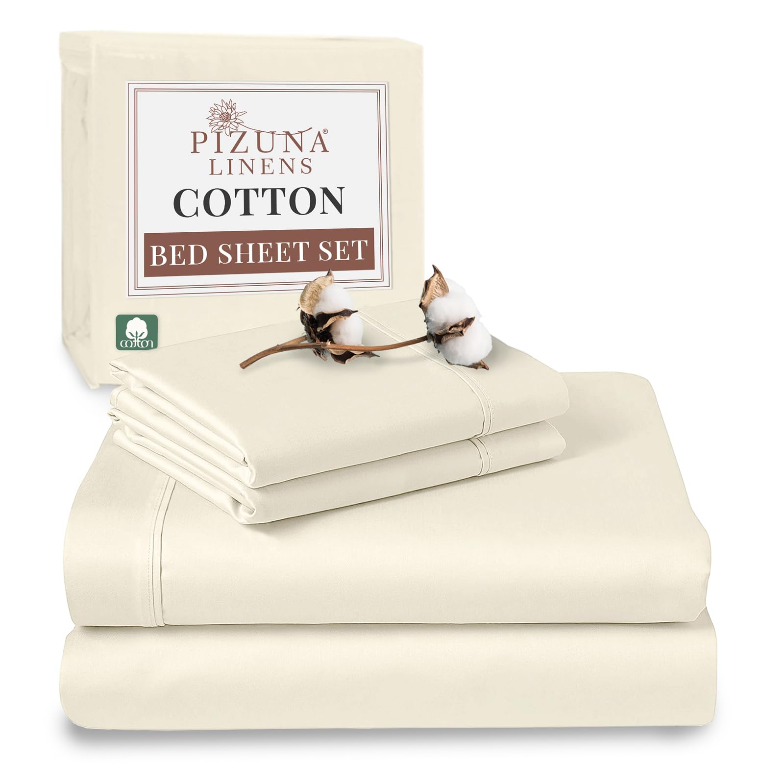 Pizuna Men's New Ivory 100% Cotton Double Bed Sheet Set Ivory, 400 Thead Count Long Staple Cotton Bedding Set 230X280 Cm, Soft Sateen 4 Pc Double Bed Sheet Set - Fitted Sheet, Flat Sheet & 2 Pillowcases