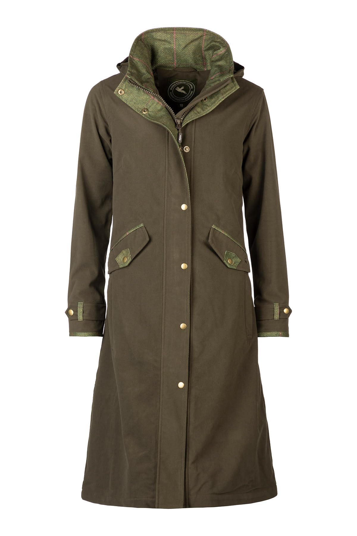 Rydale Ladies Long Riding Coat Women's Equestrian Full Length Waterproof Jacket (UK, Numeric, 8, Regular, Regular, Olive)