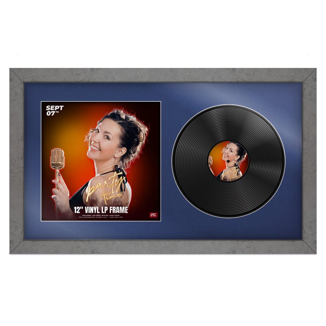 Procut Global 30x17" Grey Marble Vinyl Record Frame for 12 Inch LP Cover & Disc - Premium Display Photo Frame - Engineered Wood with Shatterproof Perspex - Music Lover Gift & Home Décor