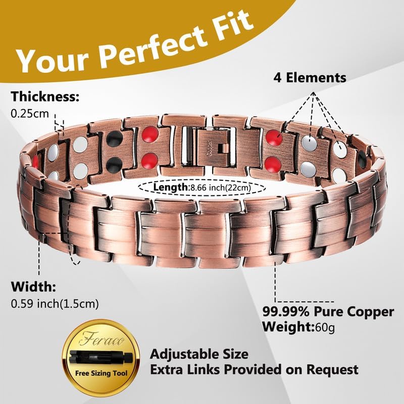 Feraco Copper Bracelet for Men 4 Kinds Magnetic Bracelets Elegant 99.99% Solid Copper Jewelry with Magnets - Image 7