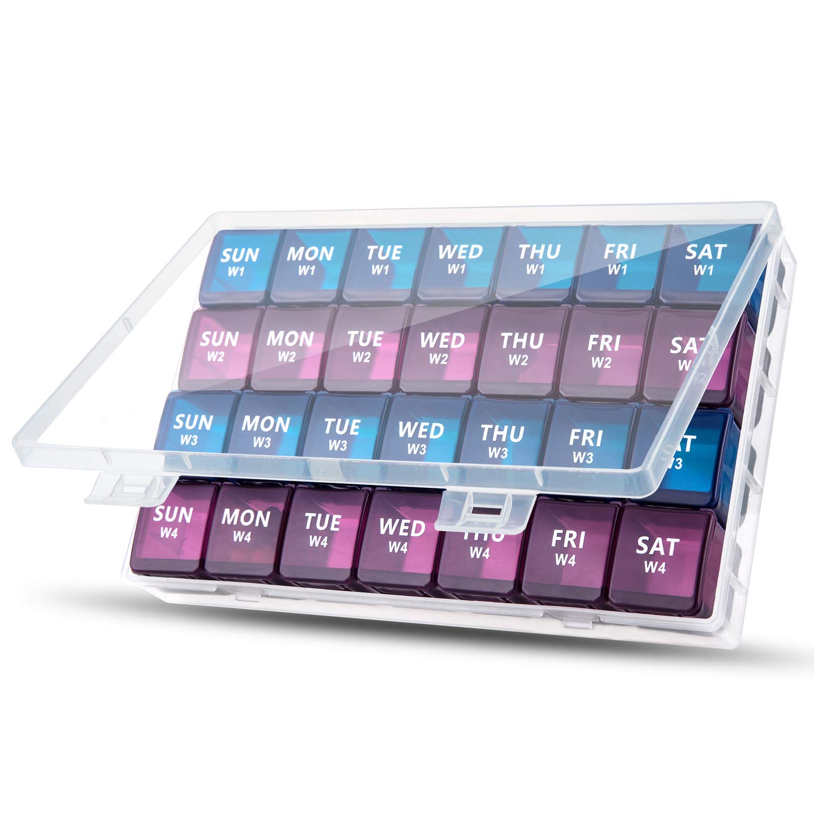 – Large Monthly Pill Box Organiser 4 Week, Pill Boxes 7 Day 1 Times a Day Compartments Tablet Organiser Box 28 Day with Dust-Proof Case Vitamin Meds Supplement Container for Family