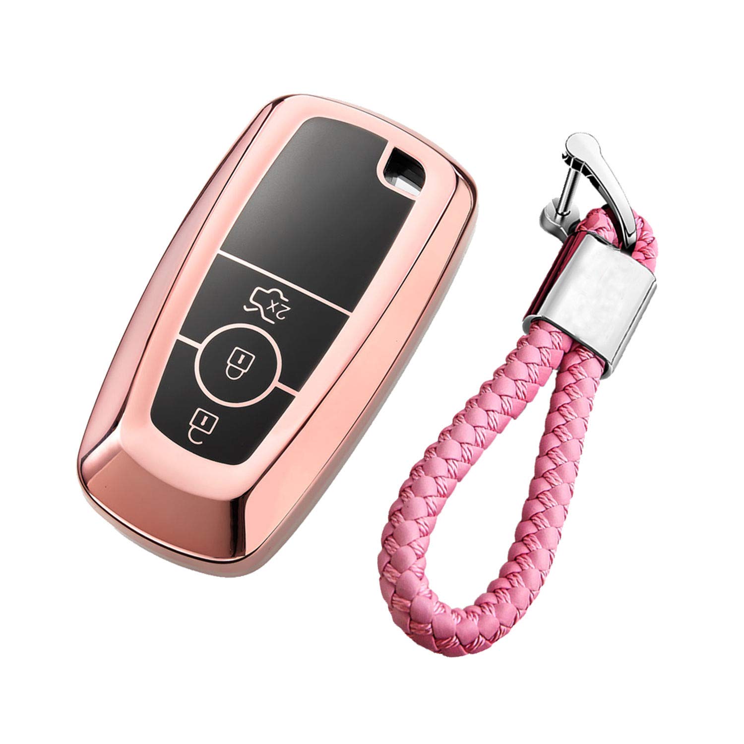 M.jvisun Glossy Pink - Braided Keychain Soft Tpu Case Key Fob Cover For Ford Bronco Ecosport Edge Escape Expedition Explorer F150 F250 F350 F450 F550 Fusion Maverick Mondeo Mustang Ranger Car Key