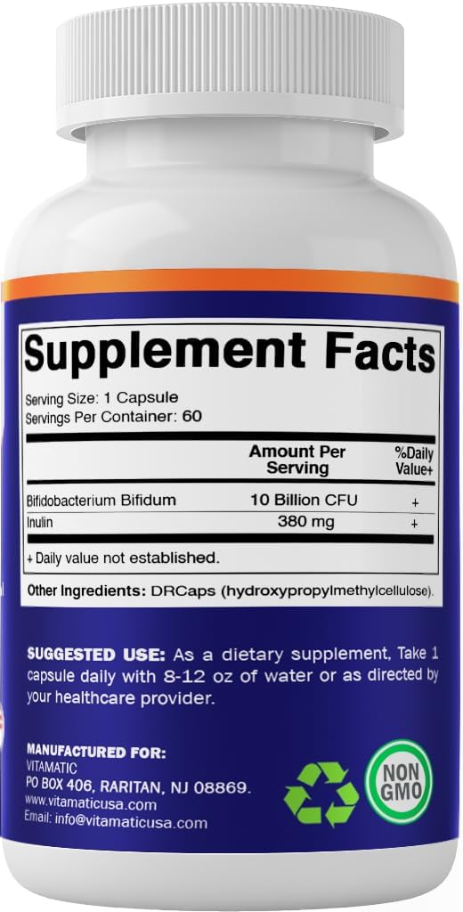 Vitamatic Bifidobacterium Bifidum - 10 Billion per DR Capsule - 60 Count - Digestive Support - Made with Prebiotic Inulin Fiber - Image 9