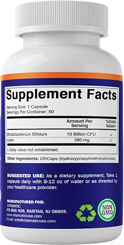 Miniatura 9 de Vitamatic Bifidobacterium Bifidum - 10 mil millones por cápsula DR - 60 unidades - Soporte digestivo - Fabricado con fibra prebiótica de inulina