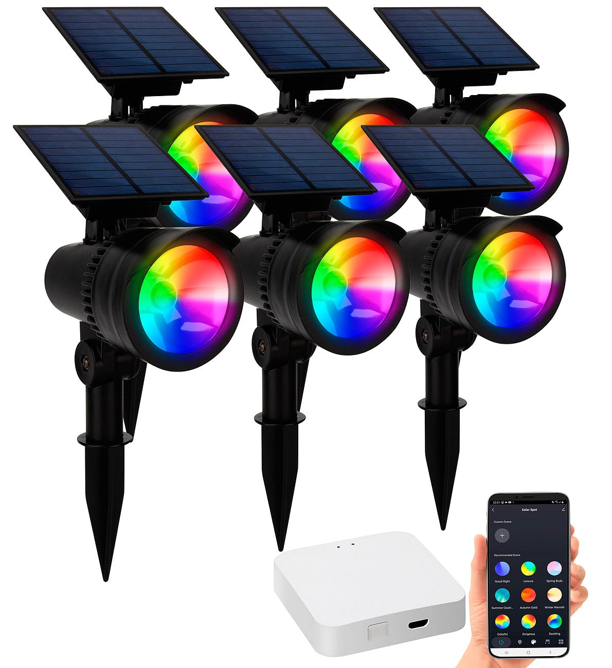 Lunartec LED Solar Erdspieß: 6er-Set RGB-CCT-LED-Spots mit Gateway, 50 lm, 1 W, IP44 (Solarstrahler mit Bluetooth, LED Solar Gartenspot, Gartenleuchte Standleuchte)