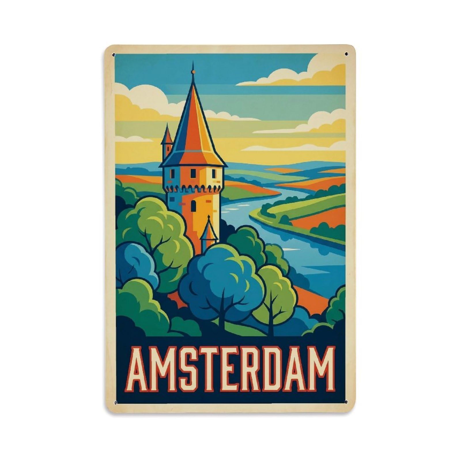 Okngb Style Classic Castle Turret Amsterdam Historic Landmark Dutch Metal Tin Sign Plaque Wall Decor For Cafe, Man Cave, Club Bar, Office, Home Garden Round Metal Poster 8X12inch