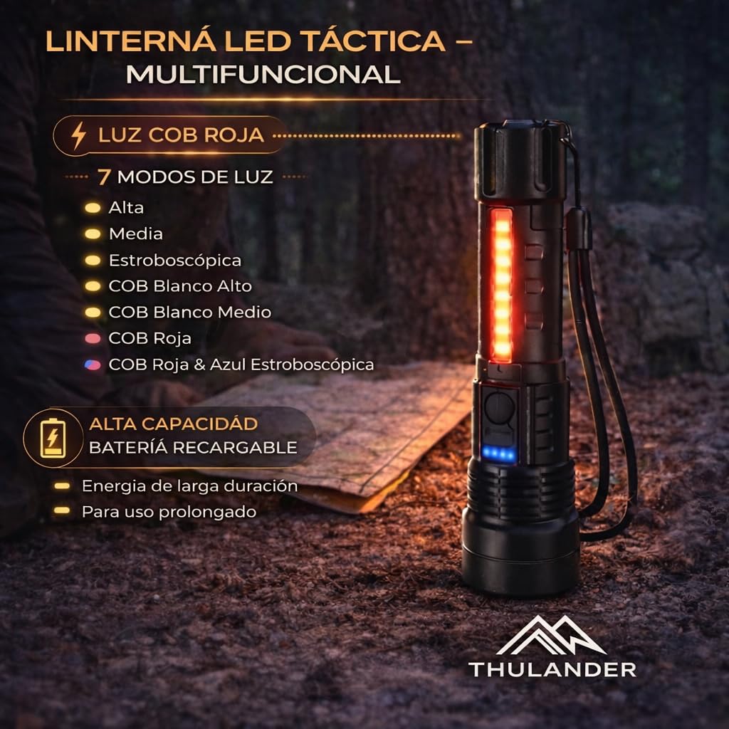 Pack 2 Linternas LED Alta Potencia Recargables USB – Linterna Táctica con 7 Modos, Luz Lateral COB, Enfoque Ajustable, Impermeable IPX6 + Pulsera Paracord – Para Emergencias, Camping, Coche, Caza