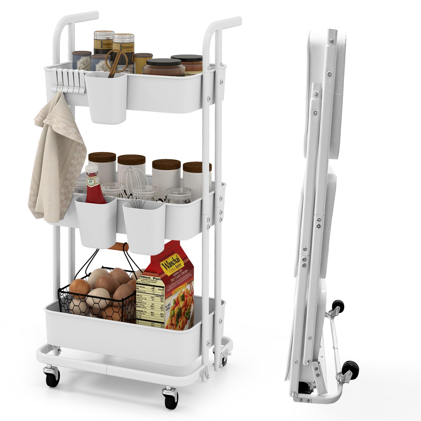 COSTWAY Carrito Auxiliar con Ruedas Universales, Carrito Cocina de 3 Niveles, Carrito Plegable con 3 Tazas Colgantes y 6 Ganchos, Carro de Utilidad Móvil con Freno para Cocina, Oficina