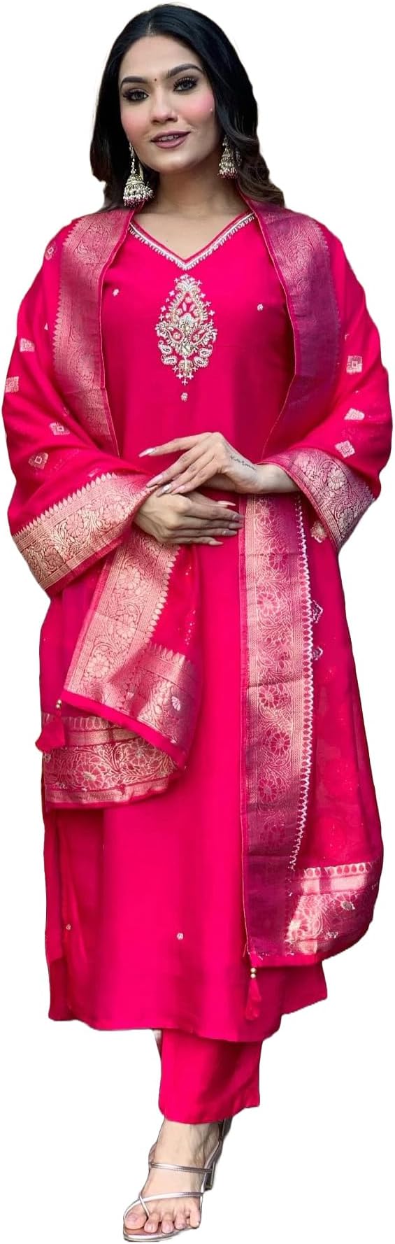 ANNI DESIGNERWomen's Silk Blend Straight Embroidered Kurta with Pant & Dupatta