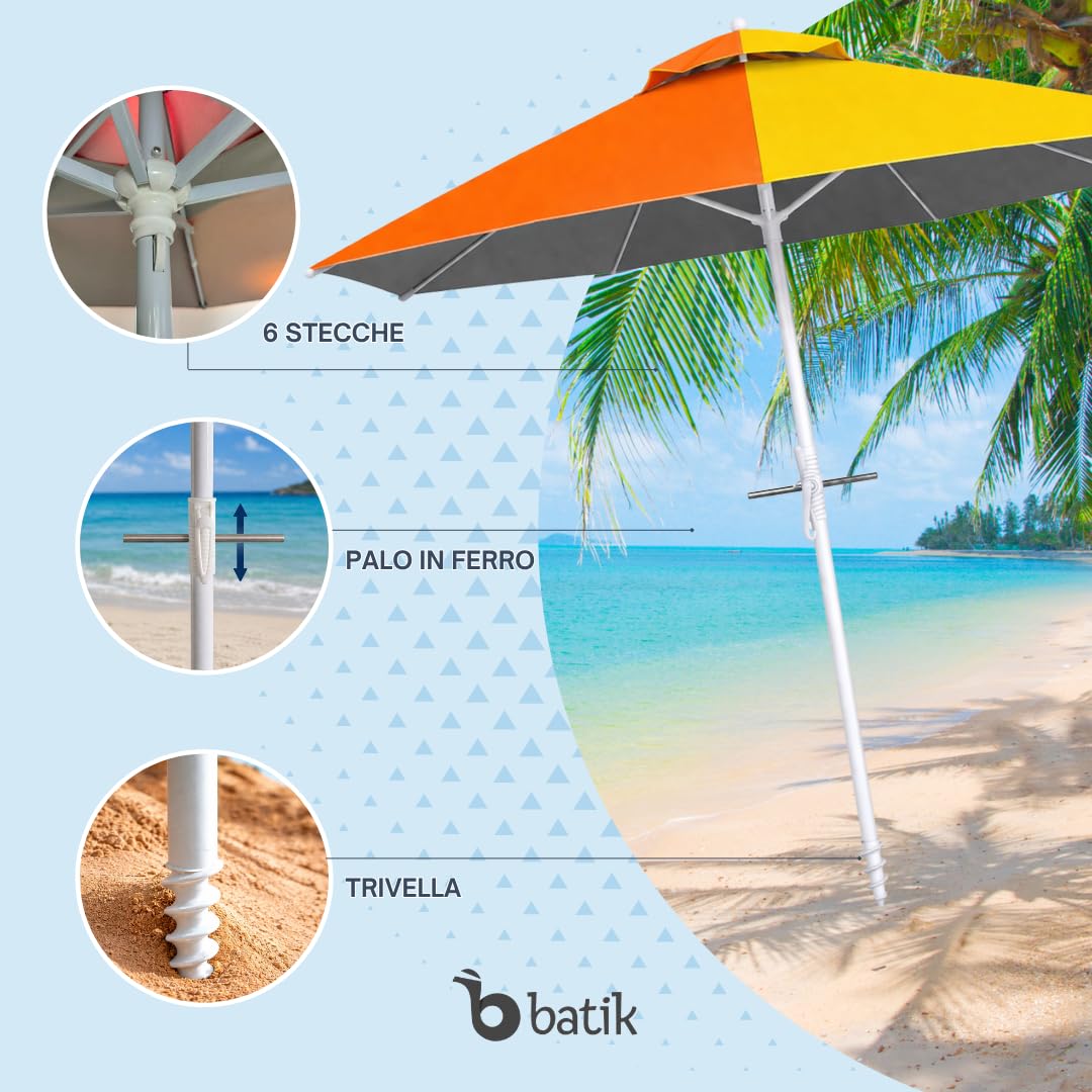 Batik Ombrellone mare Maestrale 220 cm - ombrellone da spiaggia antivento con trivella - Palo in ferro - Anti UV - 6 stecche
