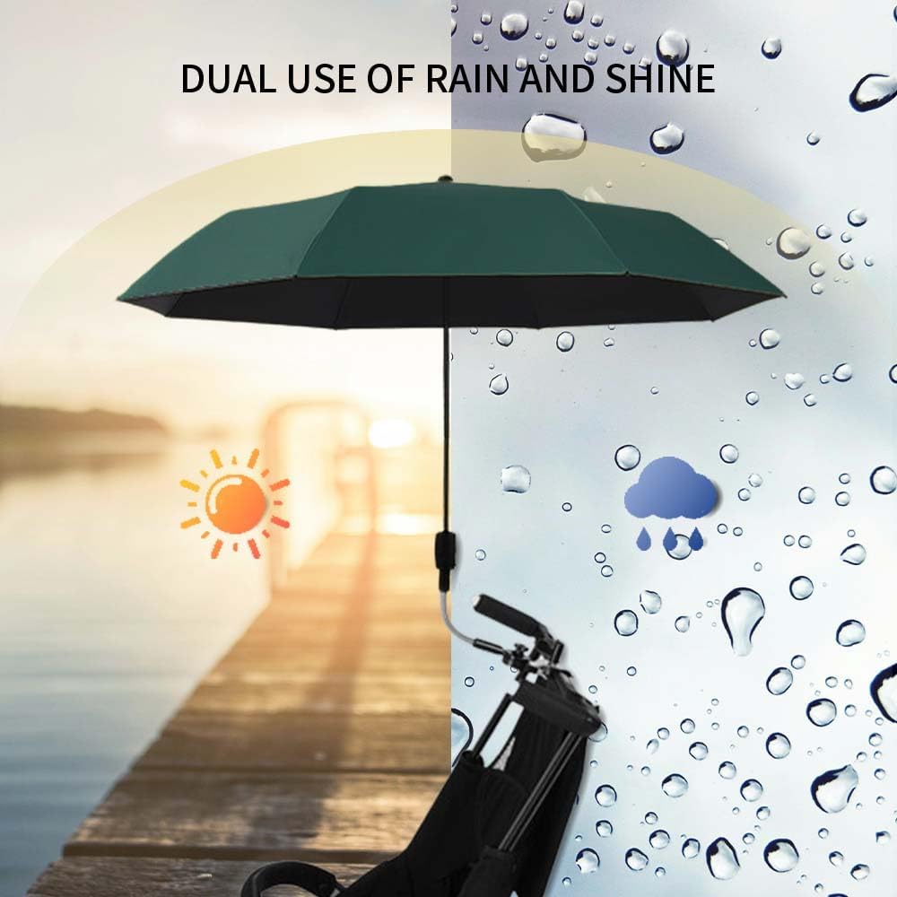 Clip-on Umbrella for Stroller Sunshade, Adjustable Steering Angle, Handle Included, Compact and Lightweight, Suitable for All Kinds of Strollers (Dark Green) - 2