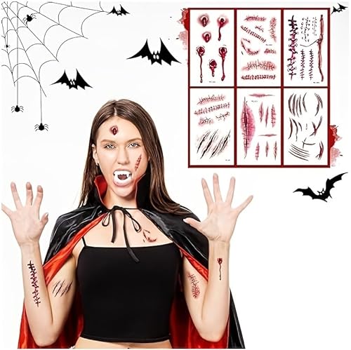 Halloween Costume Poncho Vampire Costume Set For Adult Teen Unisex-Dracula Women Men Cape Disfraz De Vampiro Para Hombre With Scary Tattoos Sticker Teeth For Halloween Costumes Party Role Play,8pcs