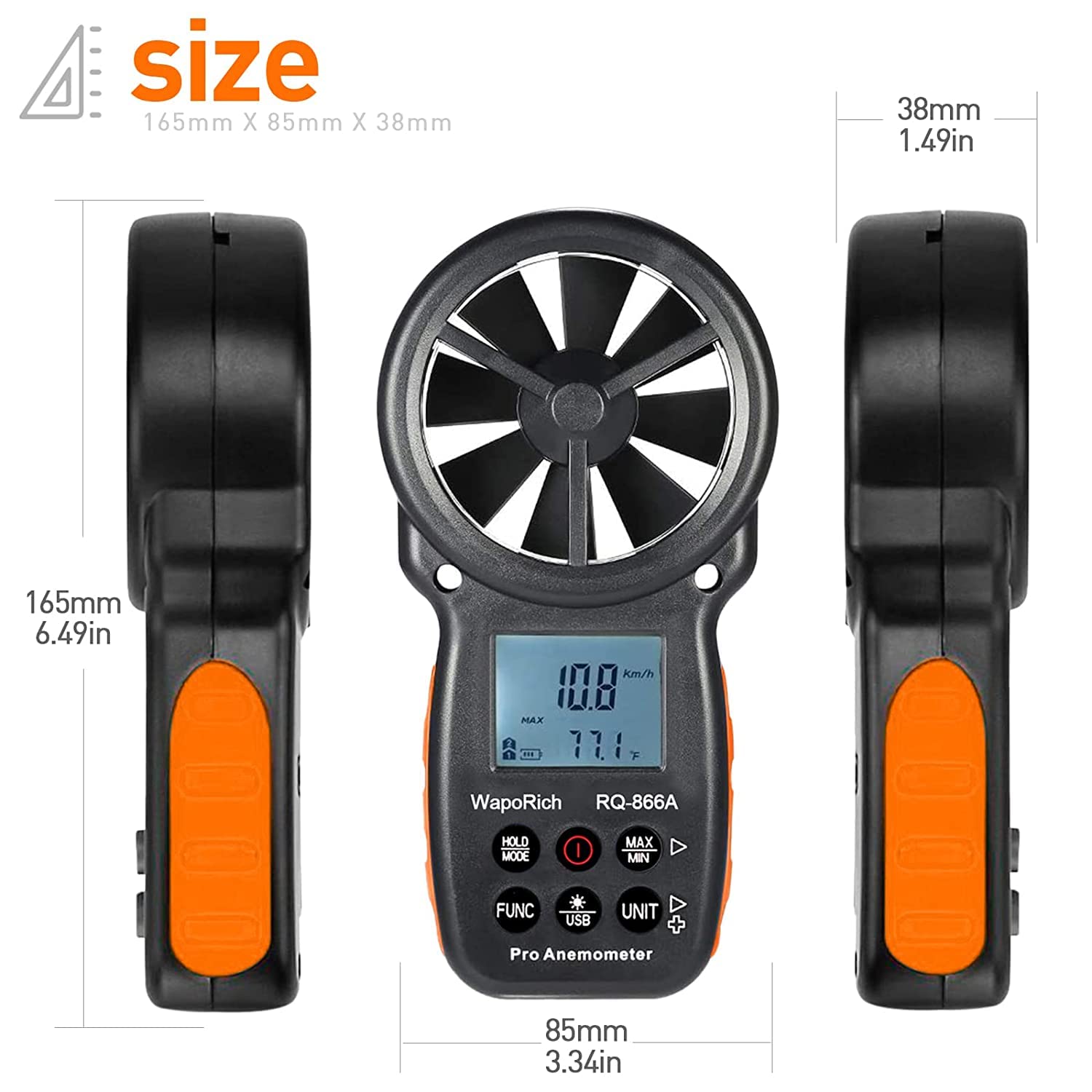Anémomètre Numérique CFM, WapoRich Anemometre Portable - Synchronisation des Données avec PC pour une Analyse Précise - Mesure la Vitesse du Vent/Débit d'Air/Humidité/Temp/Point de Rosée RQ-866A