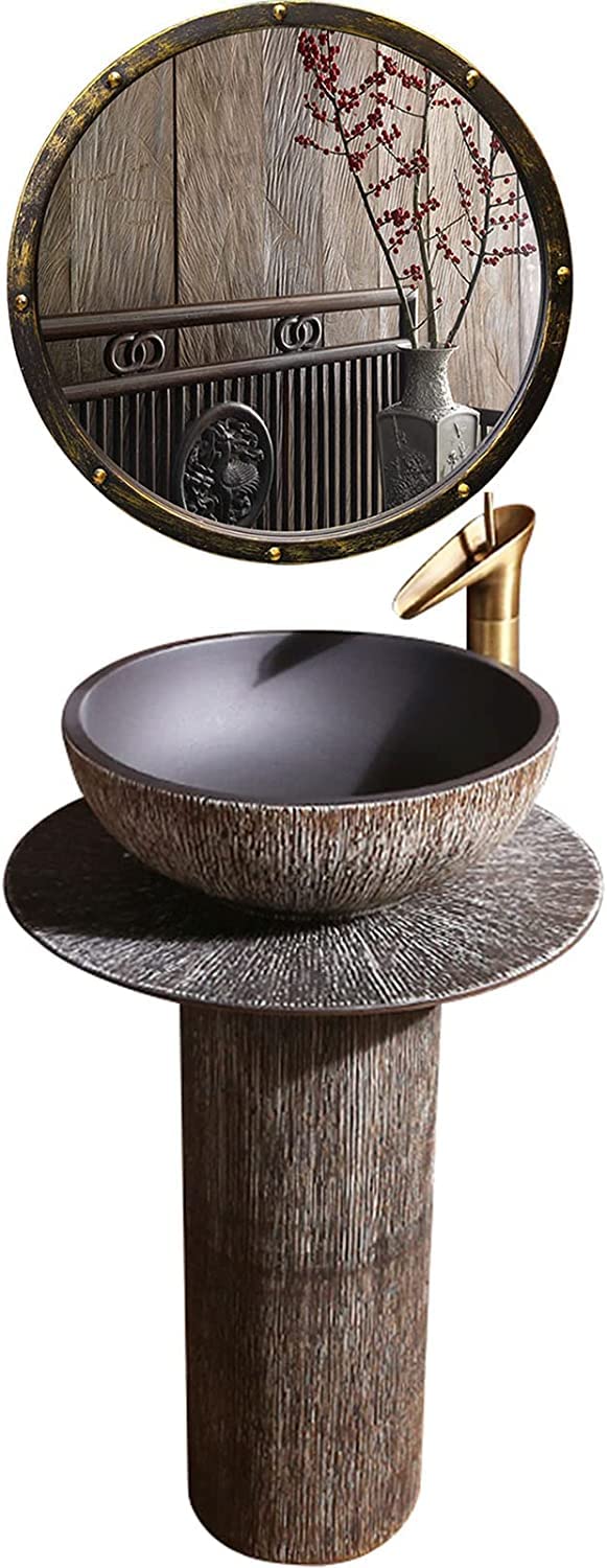 OLSKFUH Freestanding Pedestal Sink Floor Standing Art Sink Pedestal Bathroom Sink Pedestal Lavatory Sink Kaolin Clay Pedestal Sink Round Freestanding Vanity Sink For Indoor And O,Brown-Full Set