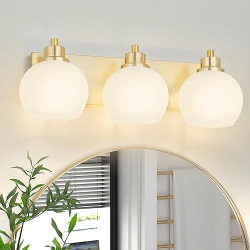 Miniatura 10 de Tuscarora Lámpara de baño dorada, luz dorada de 3 luces, luz de tocador de baño dorada cepillada con pantalla de vidrio transparente, luz de baño