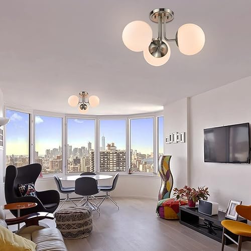 Miniatura 6 de Hanaloa Lámpara de techo semiempotrada de 3 luces, níquel cepillado, lámpara de araña moderna de globo, iluminación Sputnik para cocina, dormitorio,