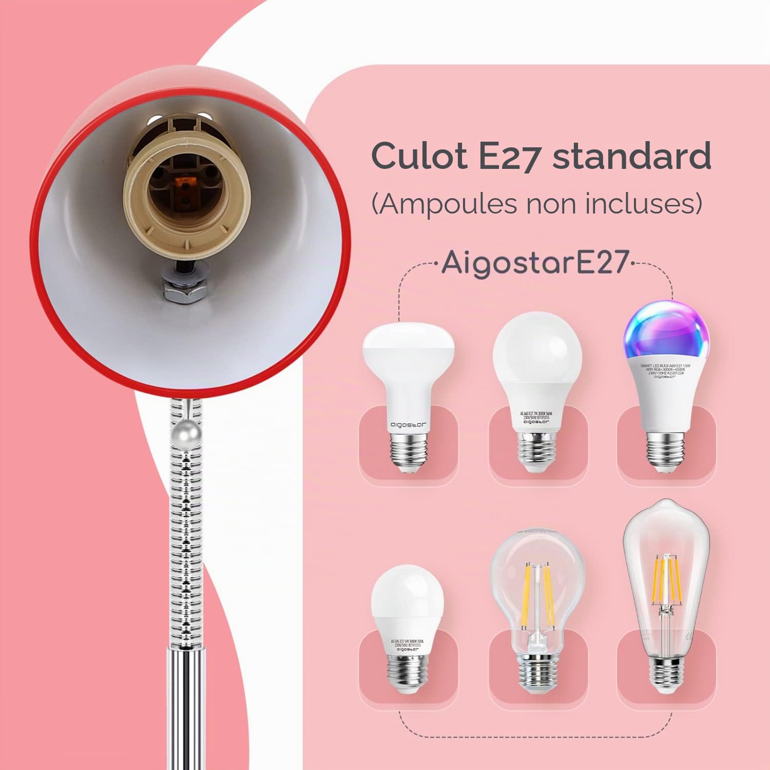 Aigostar Lampe de Bureau Retro E27, Lampe de Chevet Enfant avec Prise (Max 40 W), Excluant Ampoule, Flexible Réglable, Câble de 1.5 m, Rouge