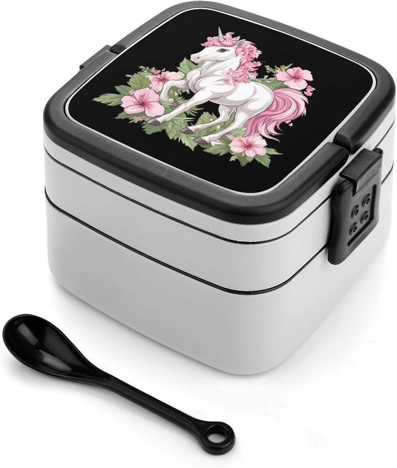 Floral Un-icorn Bento Box with Spoon 2 Layer Food Container Cute Lunch Box for Travel Dining Work