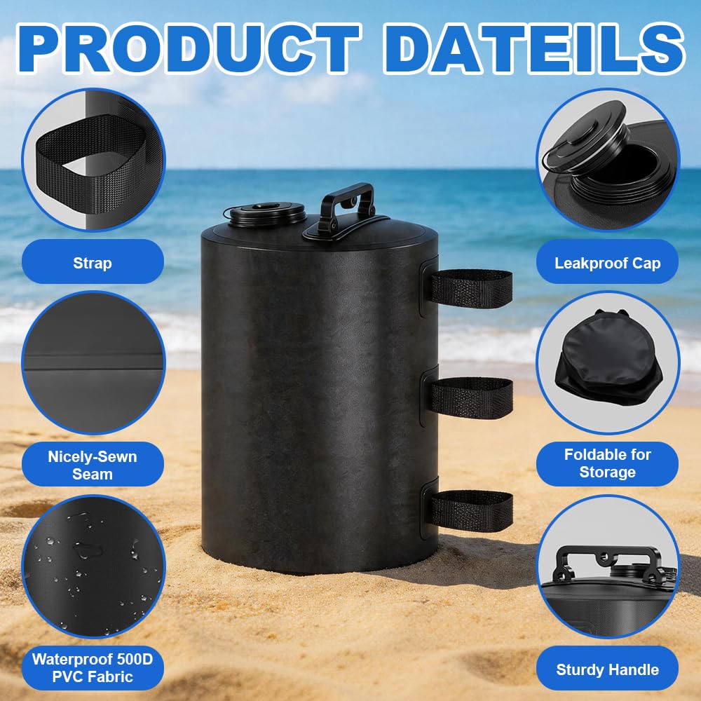 Poids pour Tonnelle, 4 Pièces Poids de Lestage, Portable 10L Anti-Vent Lestage Tonnelle, Réutilisables PVC Sac Lestage Eau pour Pliable, Tente, Canopy, de Plein Air, Noir