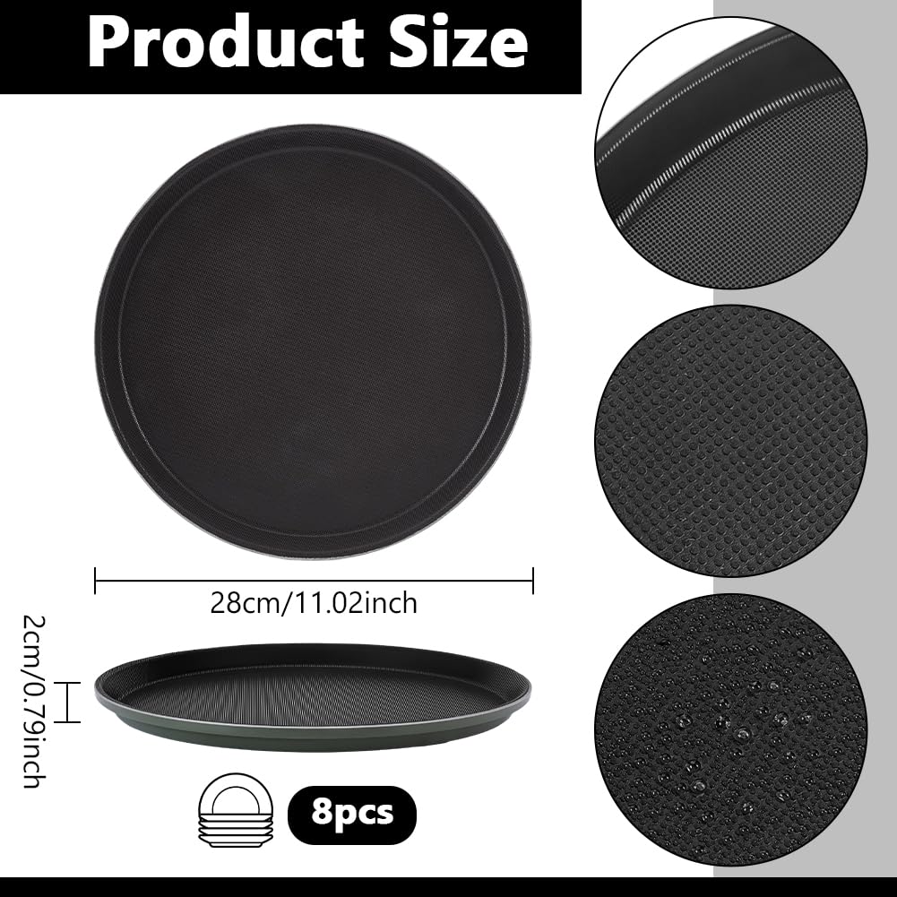 NBEADS 8 Piezas Bandeja Redonda para Servir, 28 cm Superficie Antideslizante Redonda, Bandeja De Plástico Negra Para Servir Para Alimentos, Moderno Estilo De Granja Decoración Residencial, Negro
