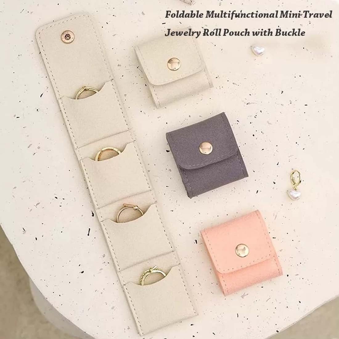 Mini Travel Jewelry Bag, Portable Velvet Foldable Jewelry Organizer with Buckle Clasp & Storage for Earrings Rings Necklaces, for Girls Women Bracelet Storage Bag (Pink,5PCS)