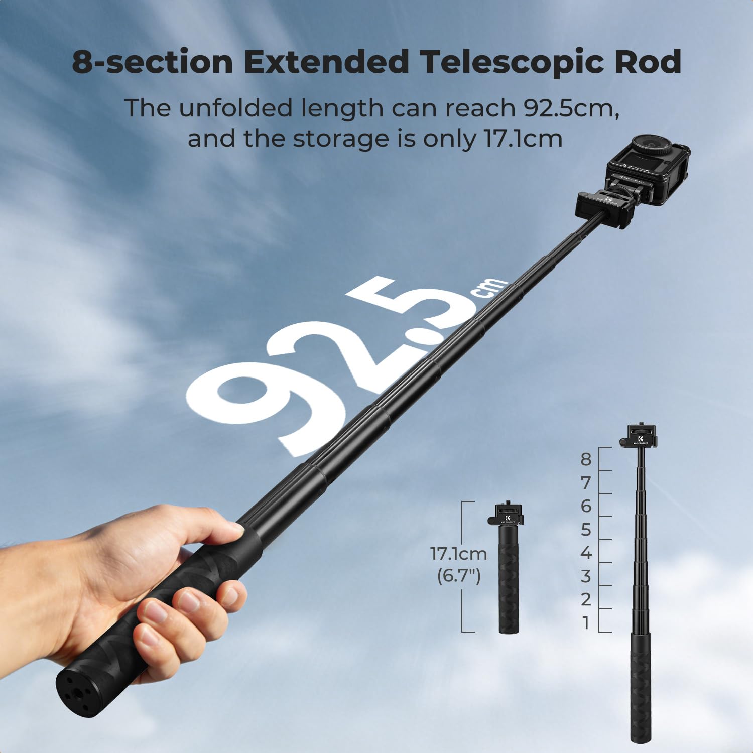 K&F CONCEPT 92.5 cm Action Camera Selfie Stick z klatką Osmo Action 6 i magnetycznym adapterem do szybkiego montażu, składany gwint 1/10.2 cm niewidoczny drążek przedłużający stop
