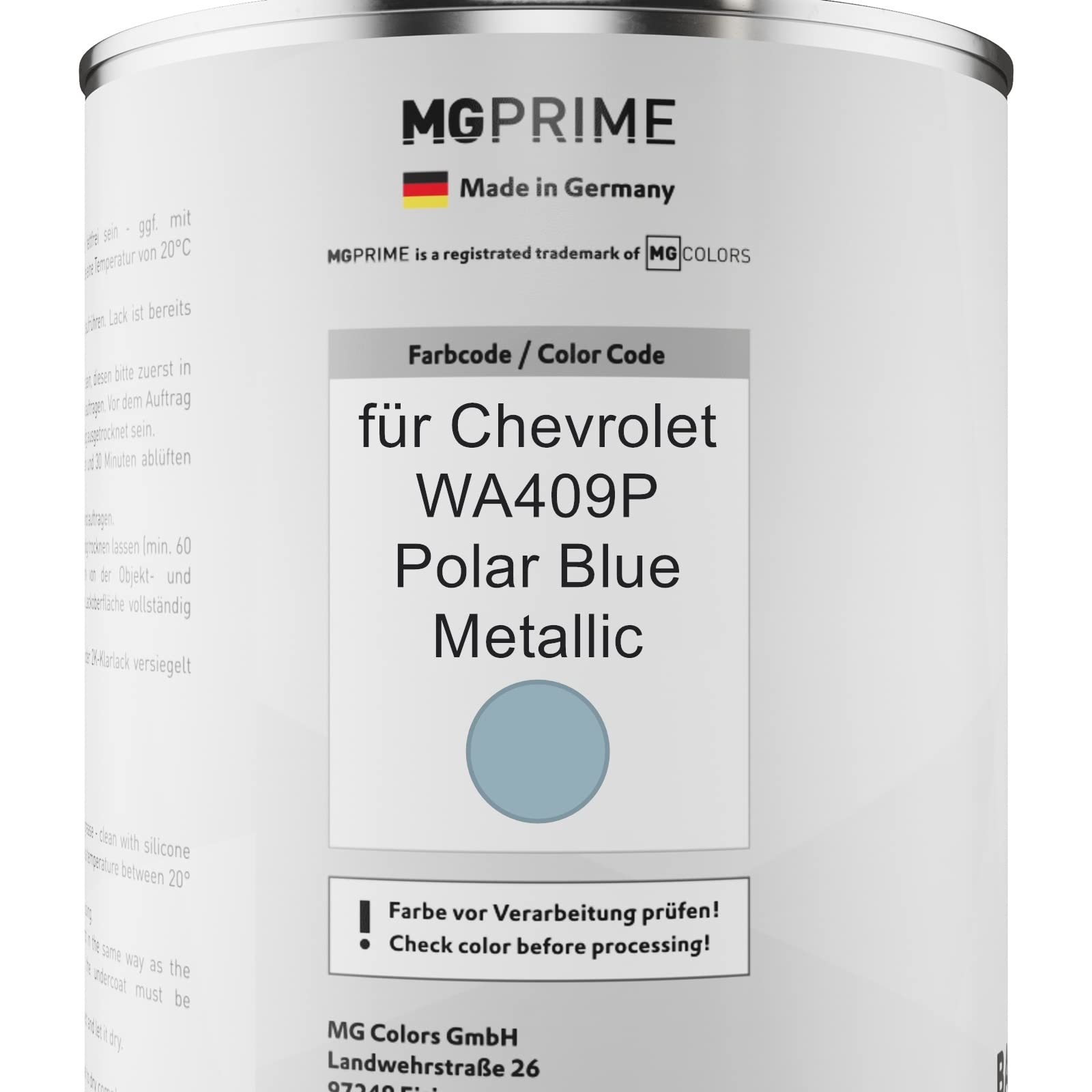 MG PRIME Lakier samochodowy Zestaw puszek dla Chevrolet WA409P Polar Blue Metallic Lakier bazowy 2K Utwardzacz do lakieru bezbarwnego gotowy do natrysku 2,5L